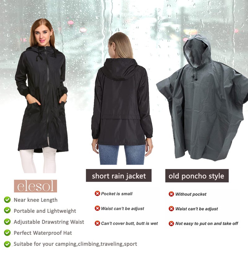 ELESOL Women Rain Jacket Waterproof Lightweight Zip Raincoat Long Rain Slicker Windbreaker Travel Rainwear - Image 5